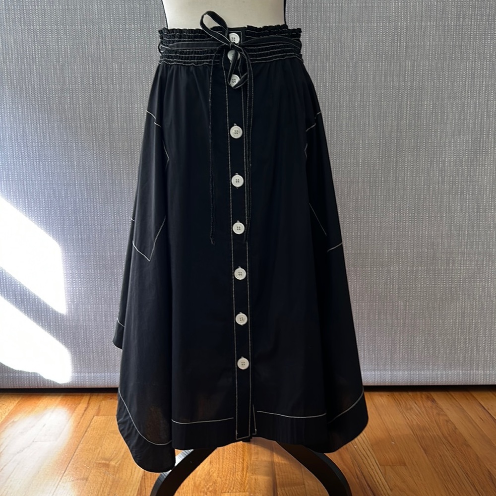 Black Cotton Midi Flared Skirt with White Buttons and White Stitches